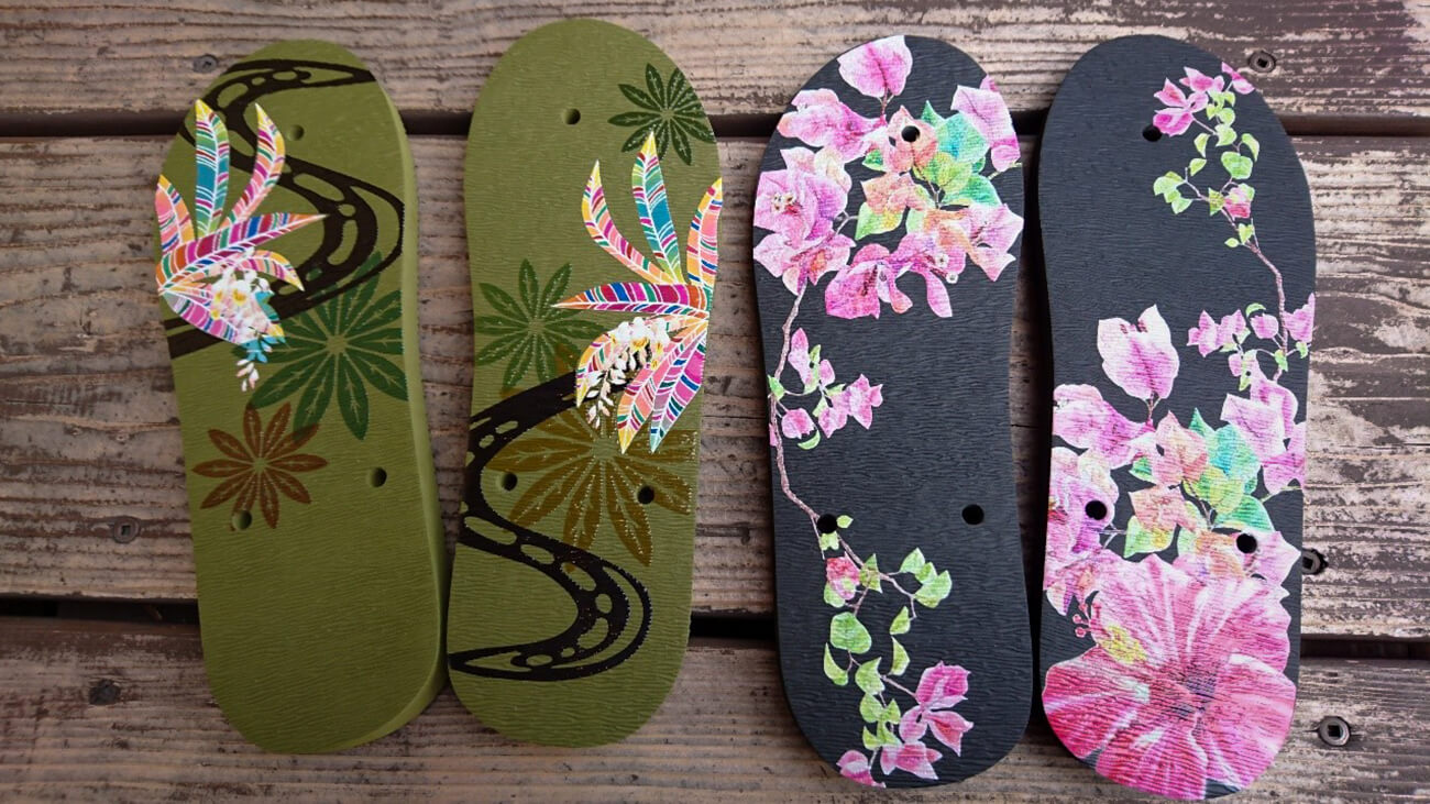 OKICHU's shima-zouri sandals printed with various designs by UV printer