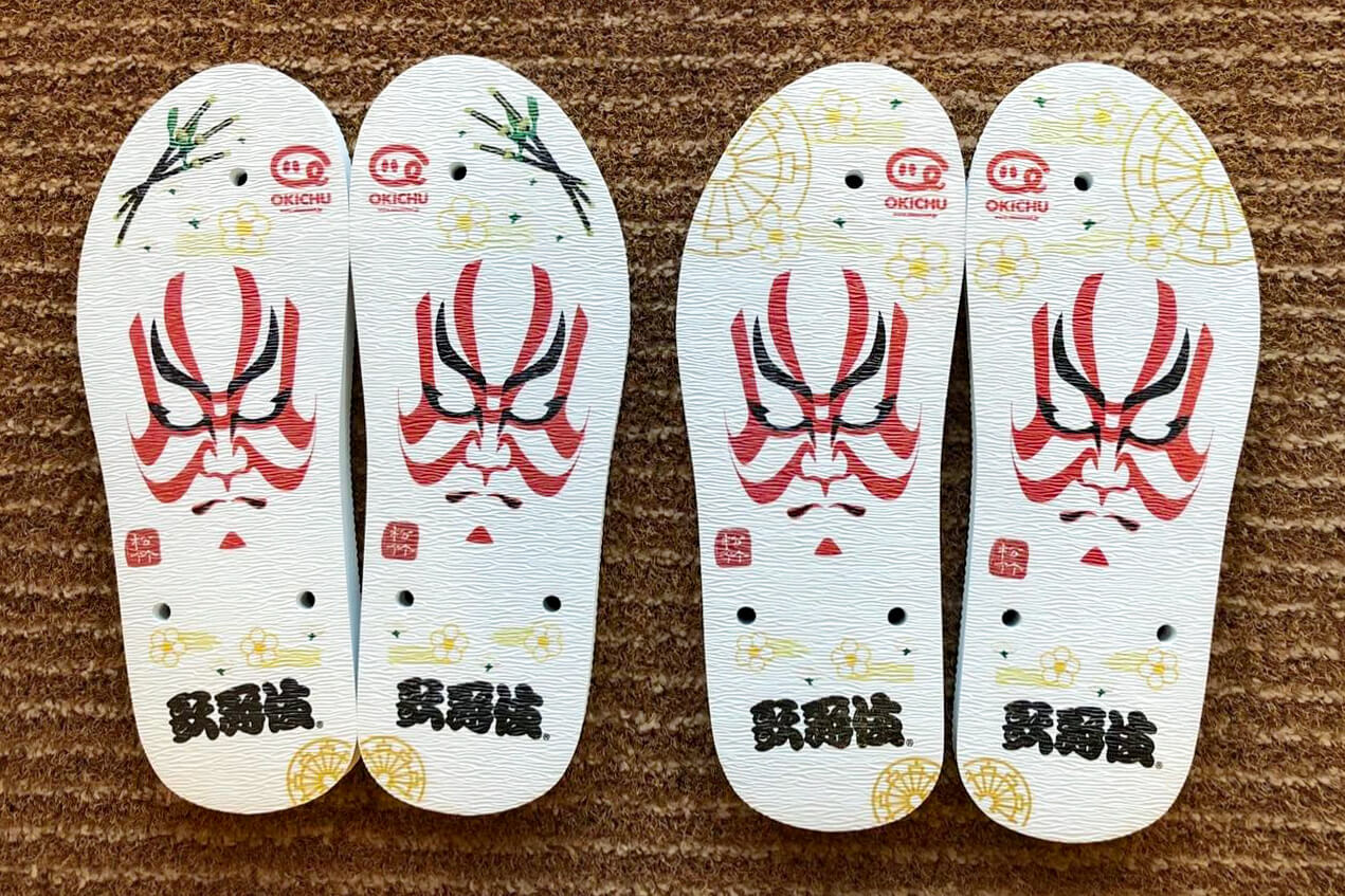 Shima-zouri sandals featuring the kabuki kumadori makeup